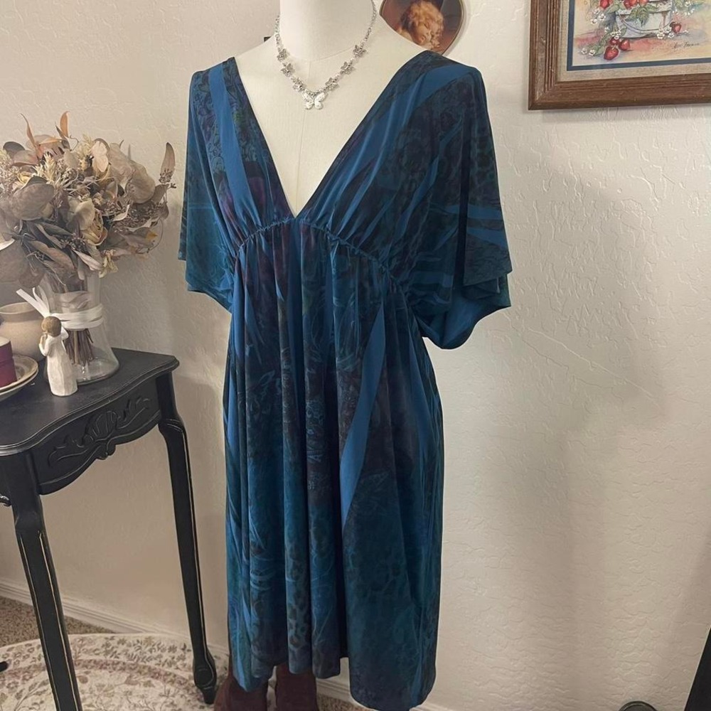 Vintage 2000s City Triangle Deep Teal Abstract Mini Dress (L)